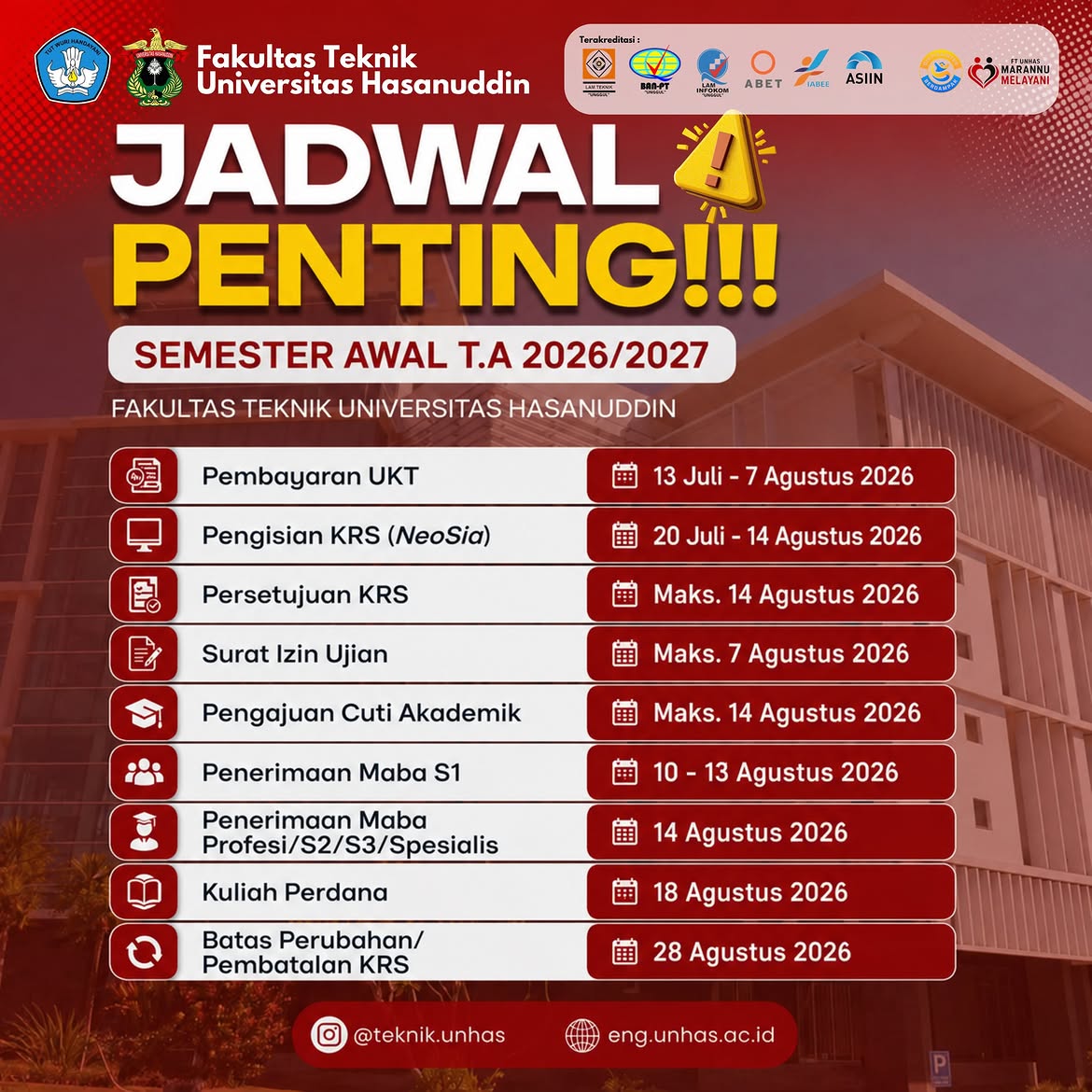 Important Schedule for First Semester AY 2026/2027