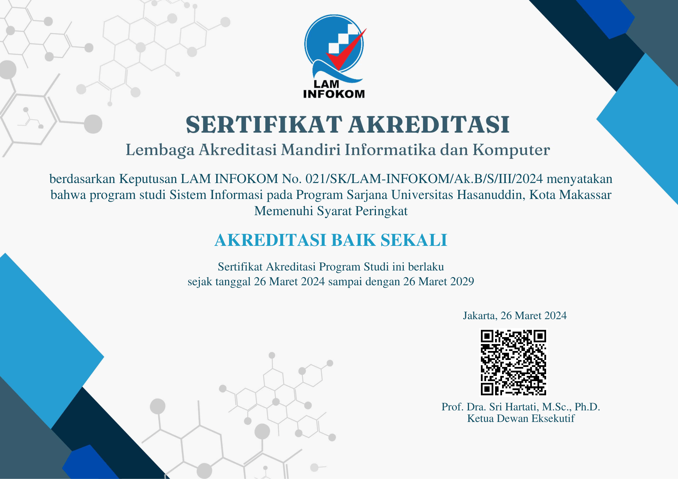Accreditation Certificate of Information Systems Study Program Unhas - LAM INFOKOM
