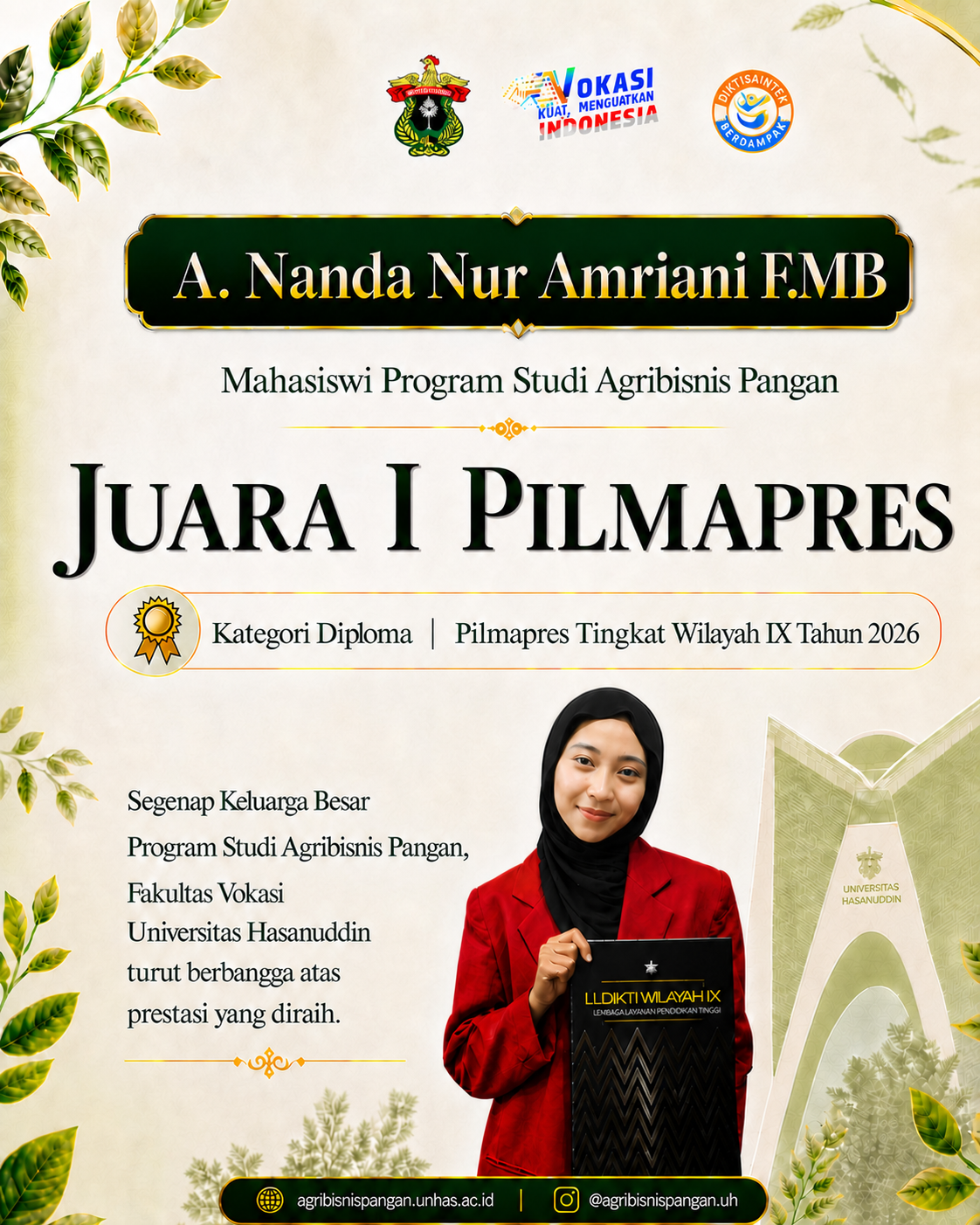 Nanda, Food Agribusiness Student at Hasanuddin University, Wins First Place in the 2026 Region IX Pilmapres for Diploma Category