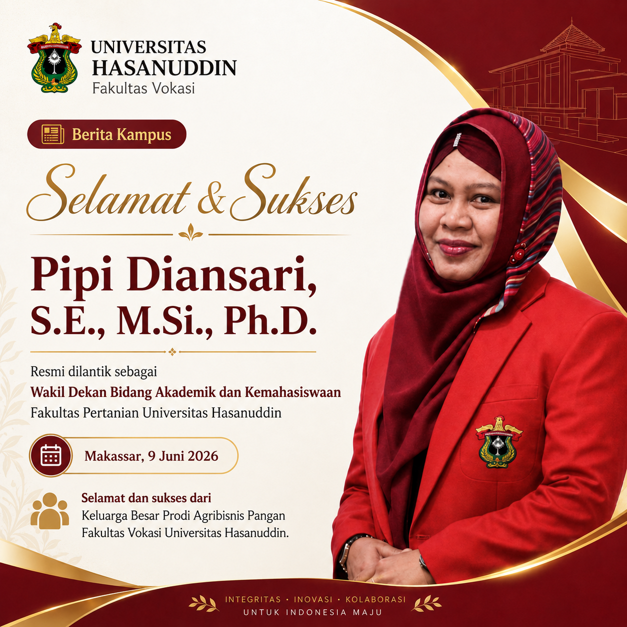 Pipi Diansari Appointed as Vice Dean for Academic and Student Affairs of the Faculty of Agriculture, Hasanuddin University