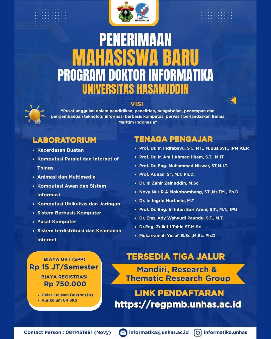 The Department of Informatics Engineering, Faculty of Engineering, Hasanuddin University, is opening Phase II registration in April 2025 for new student admissions to the Doctoral (PhD) Program in Informatics