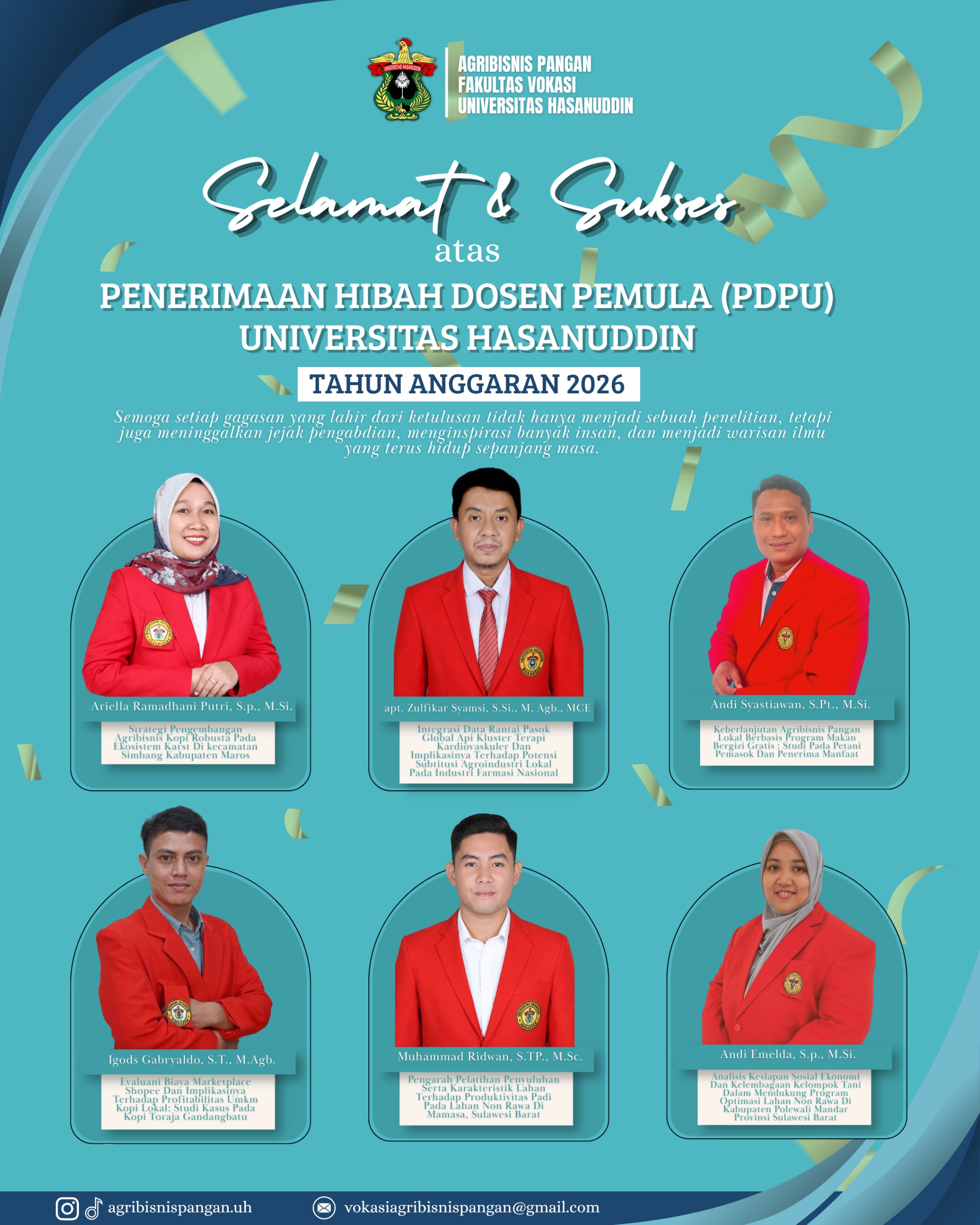 Six Hasanuddin University Vocational Faculty Lecturers Secure 2026 PDPU Research Grants, Advancing Agribusiness, Supply Chain, and Food Security